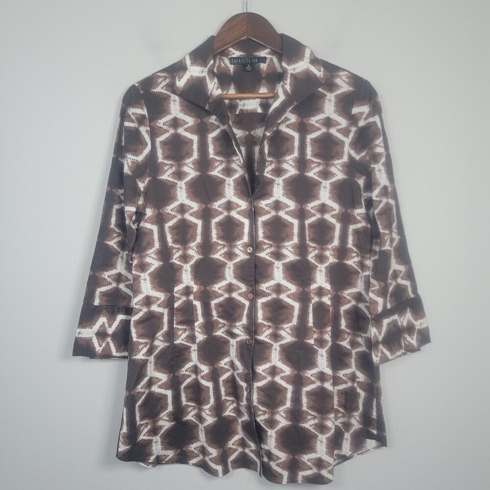 Lafayette 148 Blouse Womens 12 Button Up 3/4 Sleeve Cotton Brown White